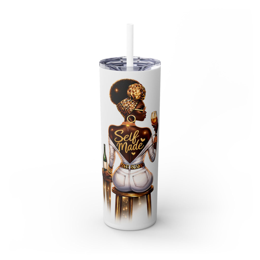 Skinny Tumbler - "Self Made" Afrocentric Woman Wine Glass Design, 20oz Straw Tumbler