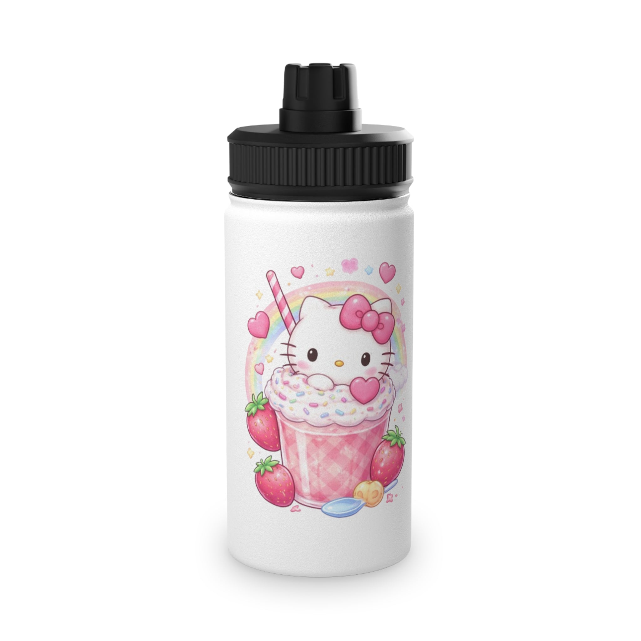 Cute Kitty Strawberry Milkshake Water Bottle — Stainless Steel Sports Lid