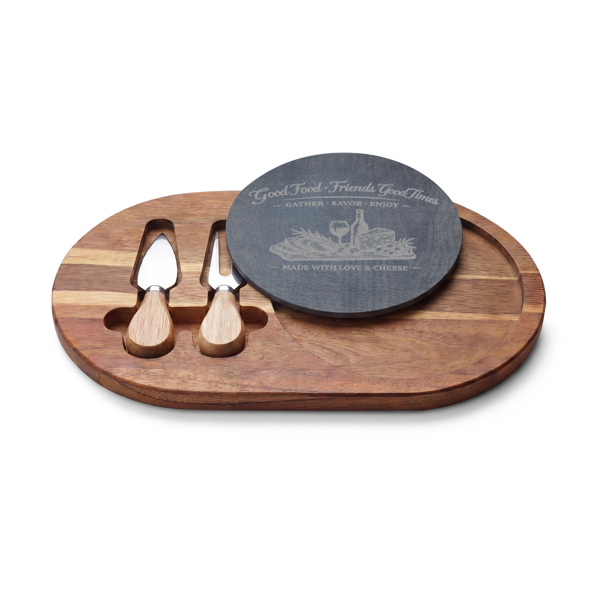 Engraved Acacia Charcuterie Board with Slate Inlay & Cheese Tools — "Good Food, Friends, Good Times"