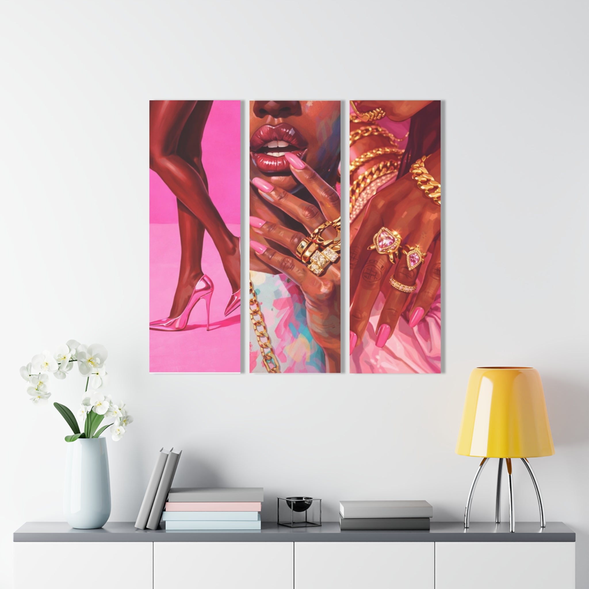 Pink Luxe Triptych Acrylic Wall Art — Glam Heels & Gold Jewelry