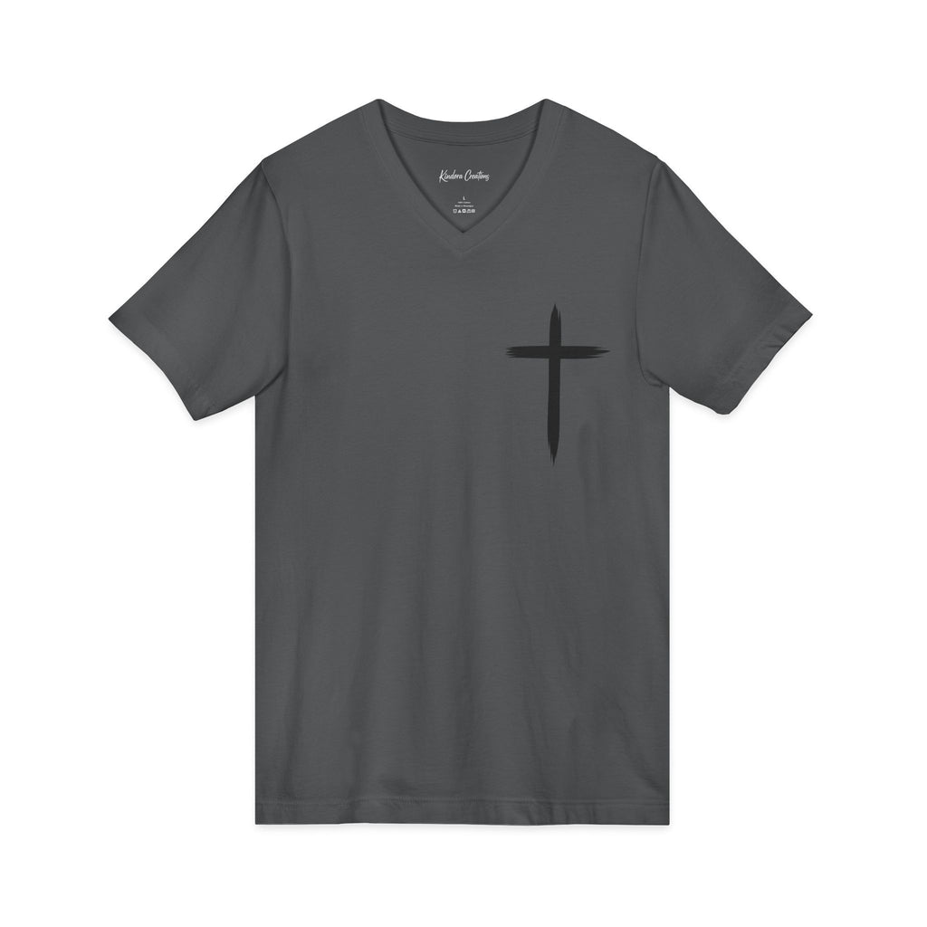 Christian V-Neck Tee — "Even If He Doesn't, He's Still Good" Cross Shirt (Psalm 118:18)