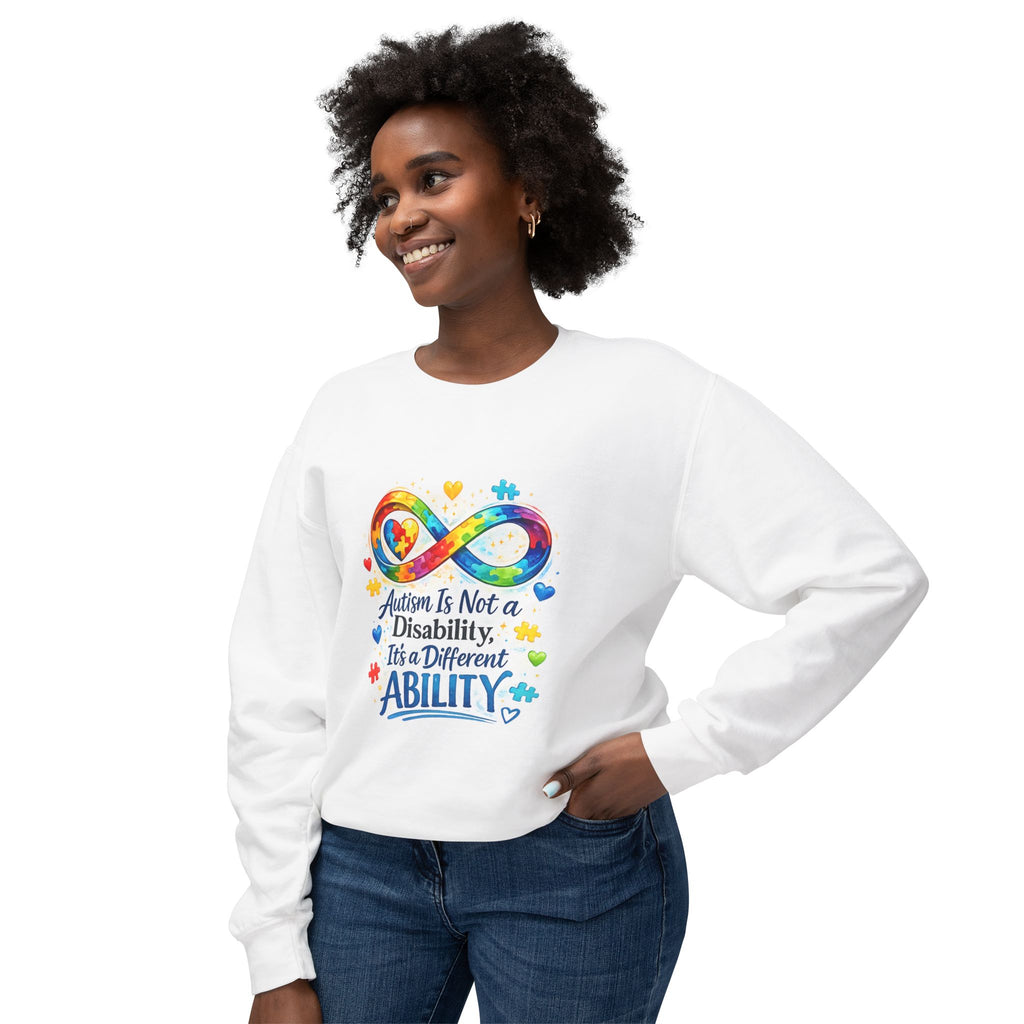 Autism Awareness Crewneck Sweatshirt — "Autism Is Not a Disability, It's a Different Ability"