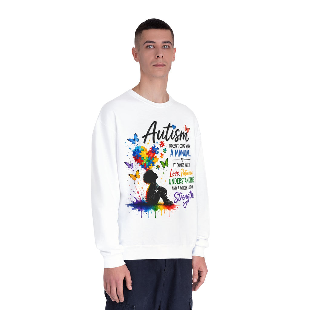 Autism Awareness Crewneck Sweatshirt — "Autism Doesn't Come With a Manual" Colorful Puzzle Heart Design