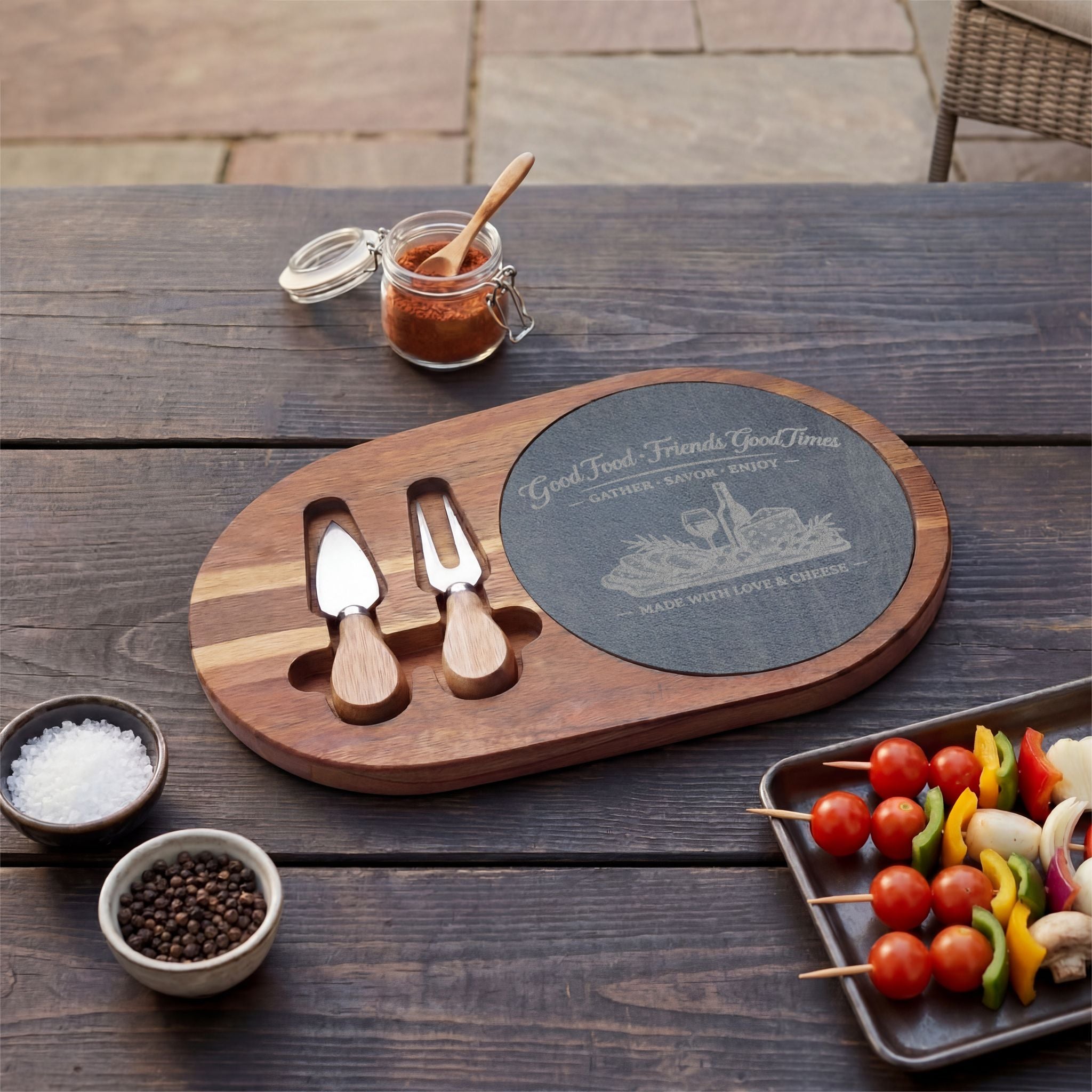 Engraved Acacia Charcuterie Board with Slate Inlay & Cheese Tools — "Good Food, Friends, Good Times"
