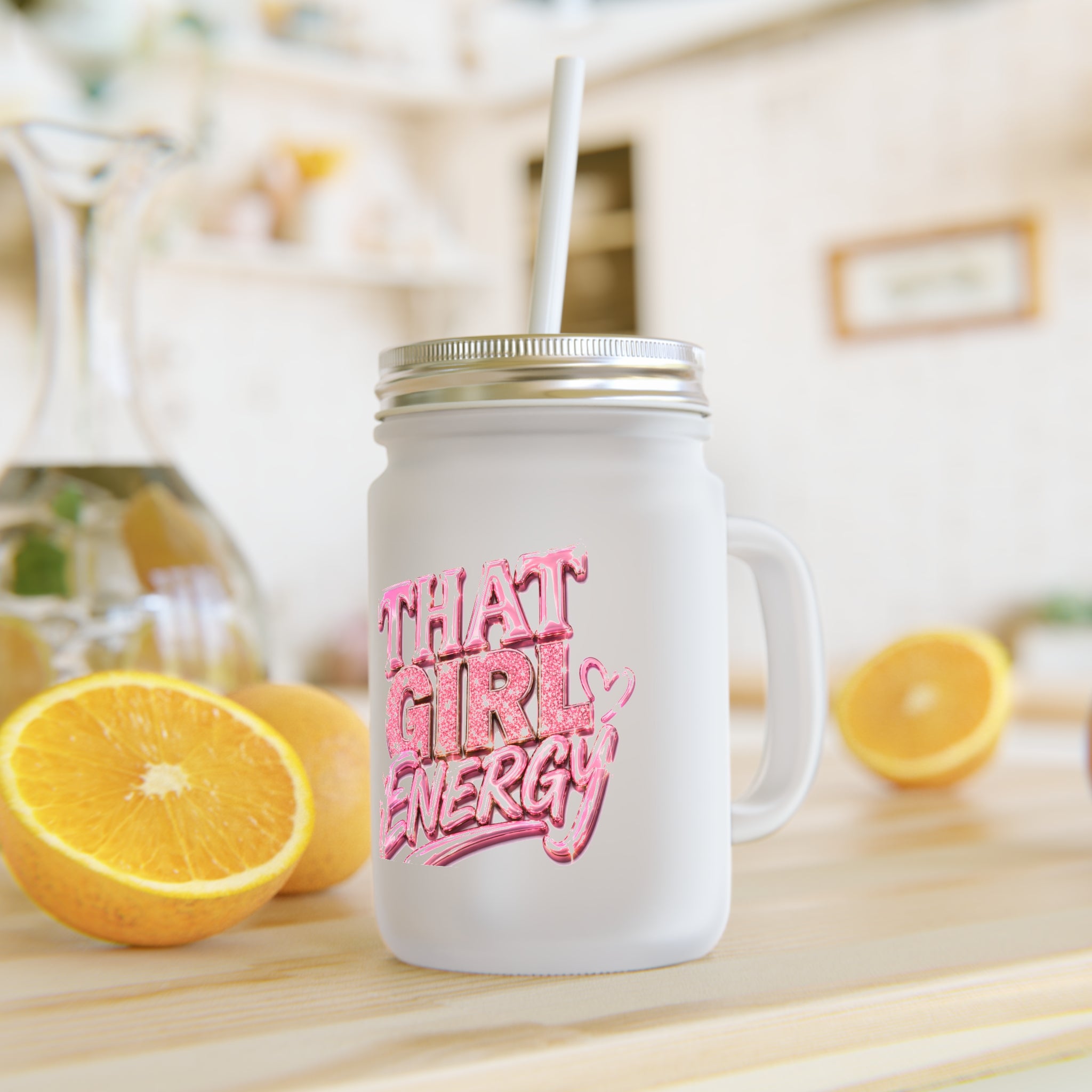 That Girl Energy Mason Jar Tumbler — Pink Retro Graphic Mason Jar Cup with Straw