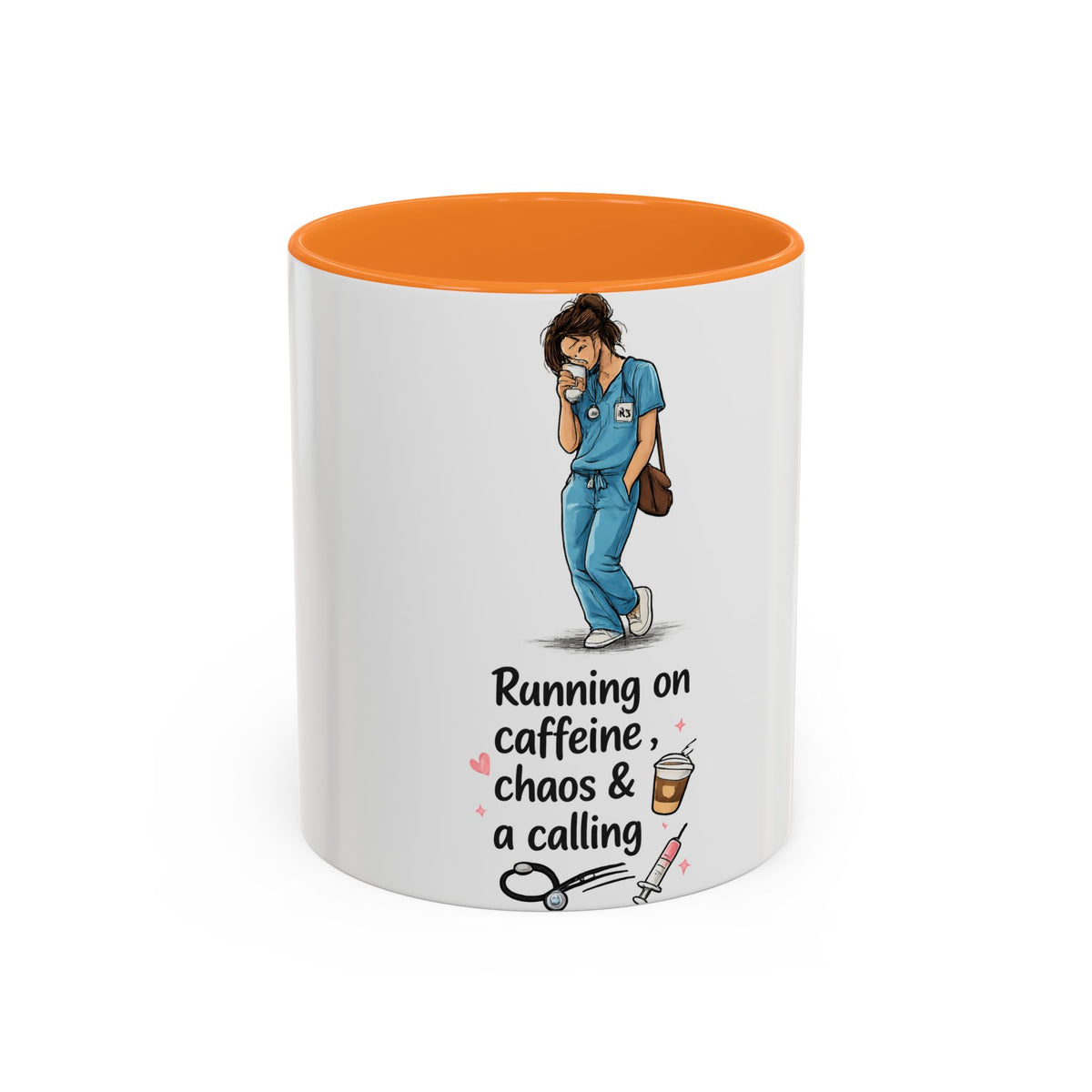 Nurse Mug — "Running on Caffeine, Chaos & a Calling" Color Accent Coffee Cup (11oz/15oz)